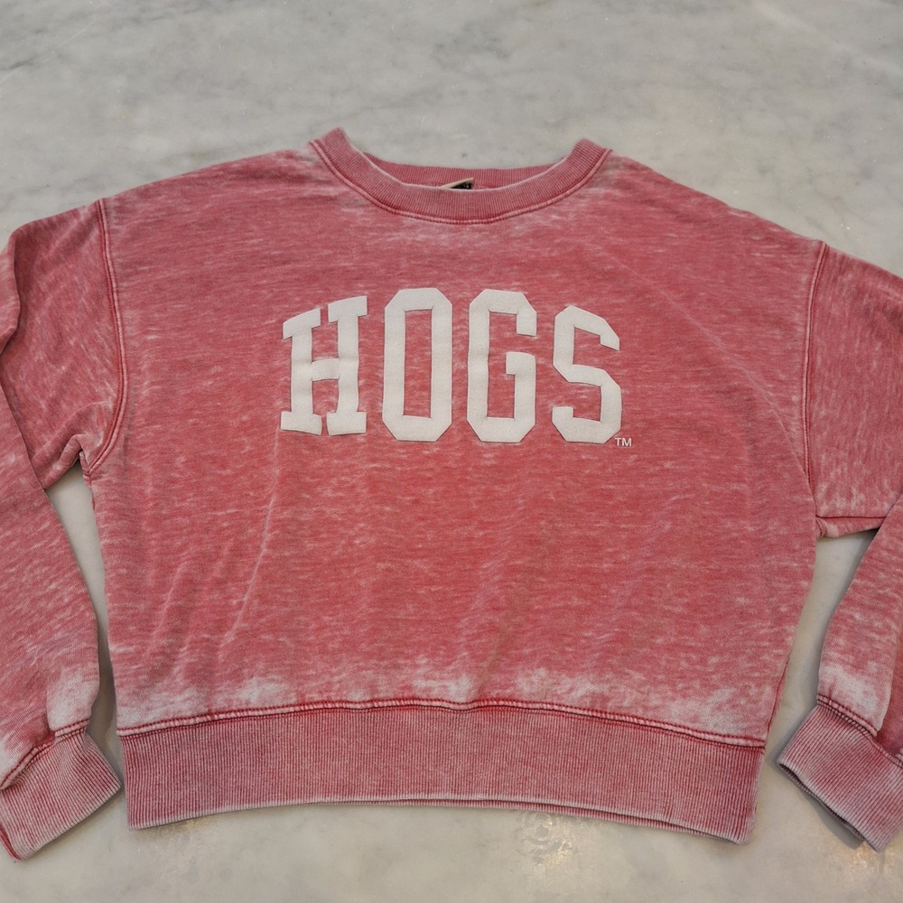 chicka-d Arkansas Crop Sweatshirt Wom Med Red Hogs Razorbacks Acid Wash Pullover